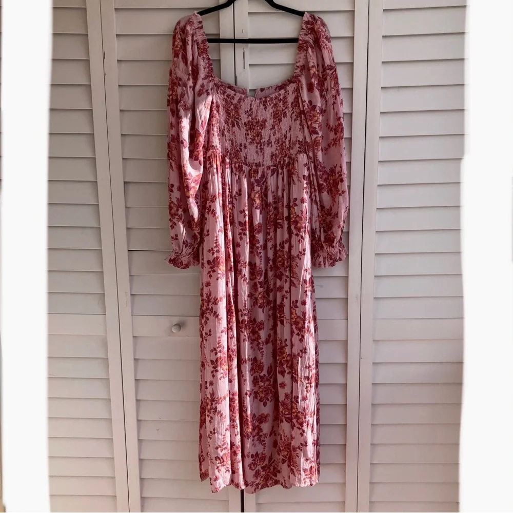 FREE People Jaymes Floral Print Square Neck Long Sleeves Midi Dress Sz M NWT